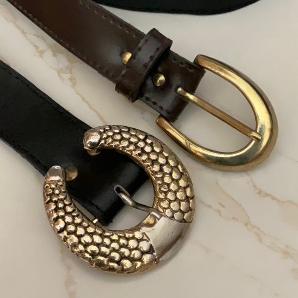 Hand Crafted Black Leather belt and a Brown Synthetic one w/ Unique Gold Buckles